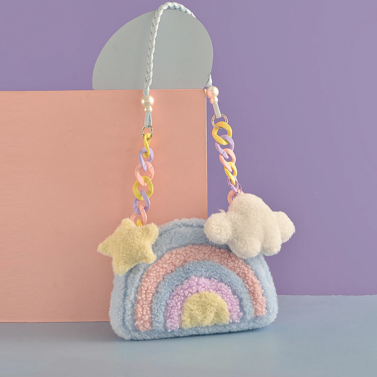 Original Macaron Rainbow Bag Winter Plush Crossbody Bag Cute Girls Handbag Casual Simple Style Detachable Shoulder Strap