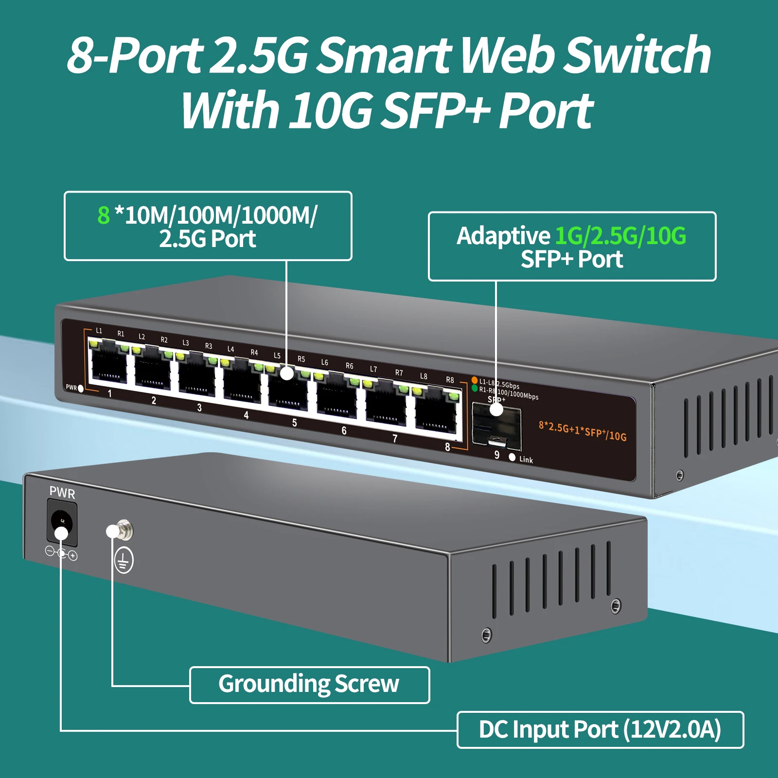 Imagem -03 - Gadinan-switch Ethernet Rede Ethernet Gigabit Plug And Play Hub Divisor de Internet Gigabit Gigabit Portas 25g 8x25 Gbps Base-t