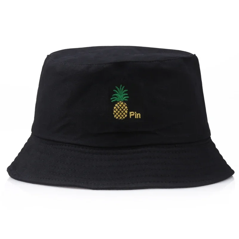 Unisex Reversible Pineapple Embroidery Bucket Hat Cute Fruit Letters Fisherman Hats Wide Brim Travel Hiking Fisherman Caps YD089