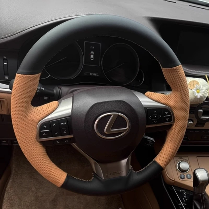 Hand-Stitched Non-Slip Black Brown Genuine Leather Car Steering Wheel Cover For Lexus ES250 ES300h GS200 GS300h GS450h LX570