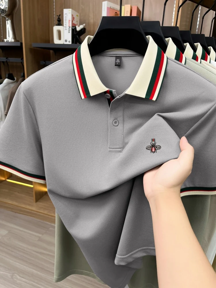 High end silk cotton short sleeve polo shirt men's new fashion color blocking design luxury brand bee embroidery casual T-shirt
