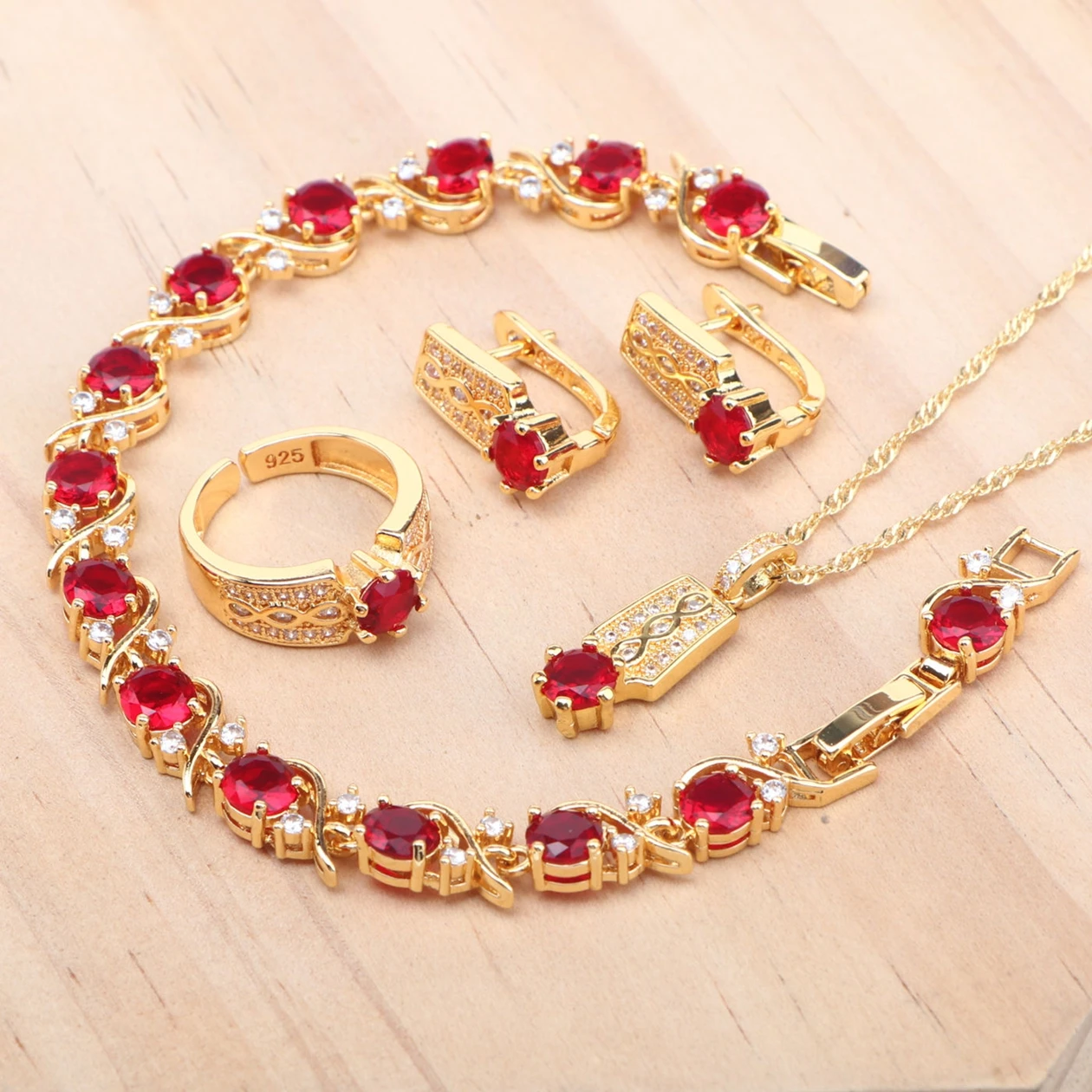 

Bridal 925 Silver Jewelry Sets For Women Wedding Gold Color Red Zircon Earrings Ring Stones Bracelets Pendant Necklace Set