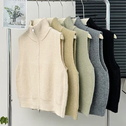 Vintage Women Knitting Vest Solid Sleeveless Turtleneck Soft Warm Knitswear Tops Coat 2024 Autumn New Versatile Female Waistcoat