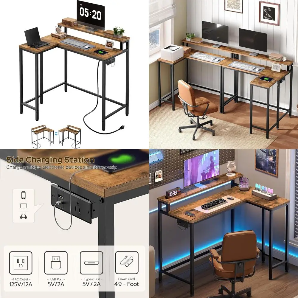 

Rustic Brown & Black L-Shaped Gaming Desk with Monitor Stand, Power Outlets, Ideal for Home Office, Study, or Living Room
