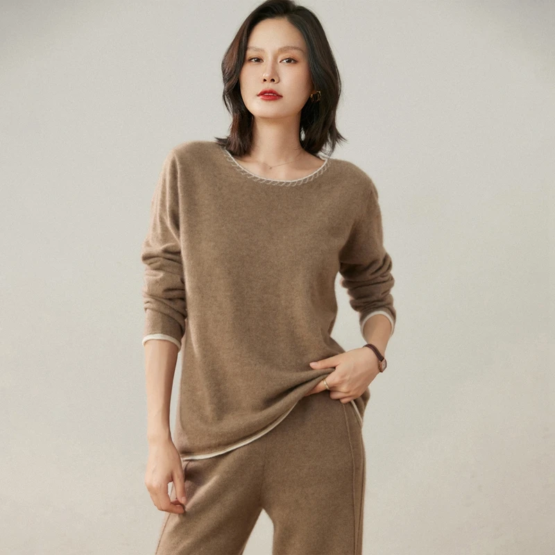 

100% pure cashmere women's pullover casual color blocked knitted sweater warm round neck loose base Top