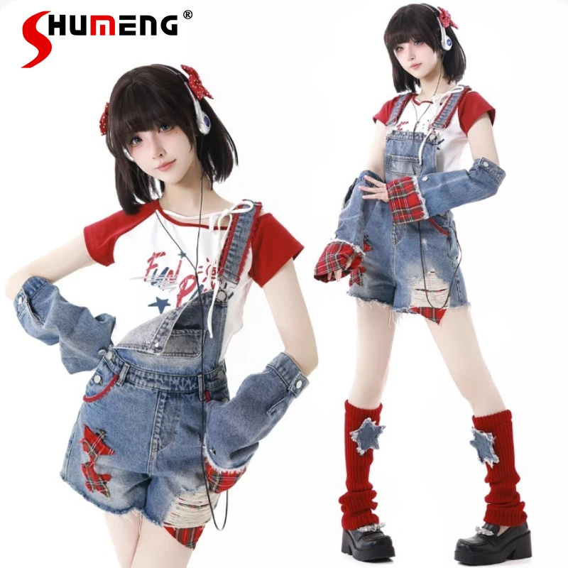 

American Retro Slanted Shoulder Short-sleeved T-shirt Denim Overalls Red White Design Sweet Cute Slim-fit Tshirts Pullover Women