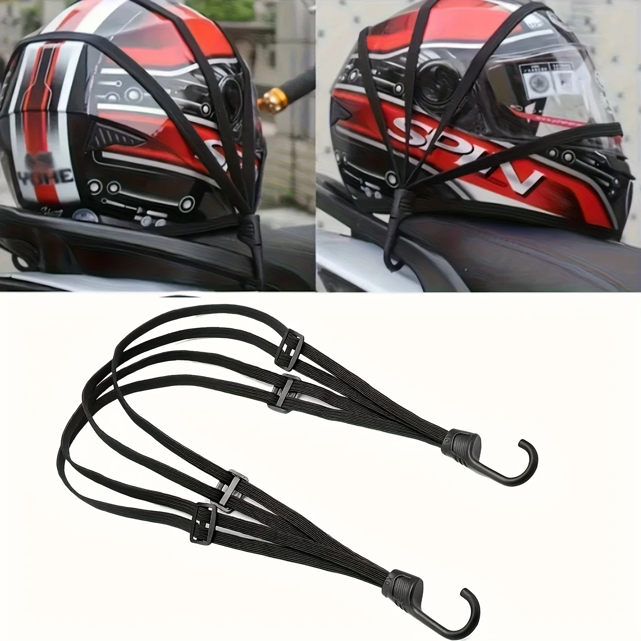 2Pcs/Set Travel and Cycling New Energy Binding Straps, Fixed Net, Elastic Motorcycle and Bicycle Hook Rope/Helmet Net Strap, Elastic Strap, Black Mesh Luggage Organizer, Secure Storage image 3