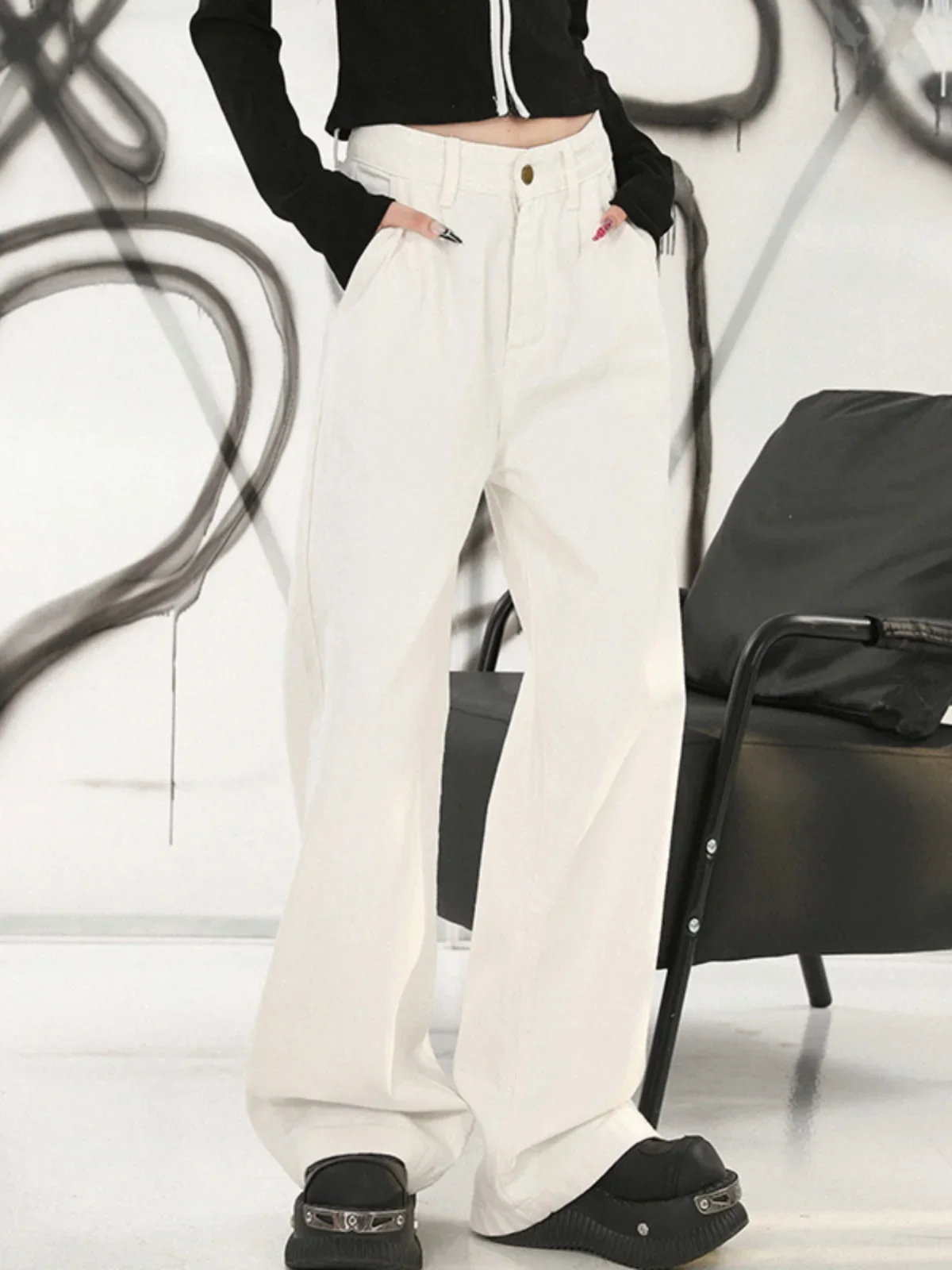 

Корейские белые джинсы женские с высокой талией, свободные, широкие, прямые, летние, повседневные, в стиле High Street