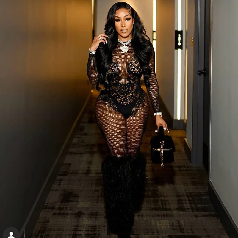 Doyerl Long Sleeve Black Overall Woman Jumpsuit Midnight Club Party Skinny Hollow Out Stretchy One Piece Romper Monos Mujer