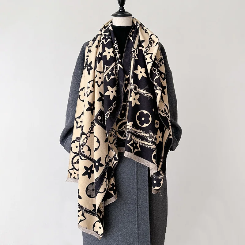 

2024 New Elegant Ladies' Pashmina Jacquard Cashmere Scarf Winter Thick Warmth Two-Sided Shawl Coldproof Windproof Blanket Scarf