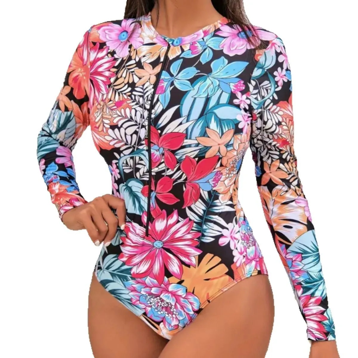 2025 nuevo traje de baño Sexy con cremallera de manga larga de una pieza Sexy ajustado por todo estampado traje de baño para mujer para vacaciones en la playa