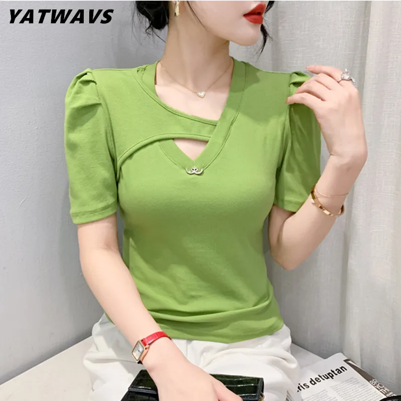 

Summer New Puff Short Sleeved Women's T-Shirt Fashion Casual Sexy Hollow Out Cotton Tees S-3XL Chic Sweet Female Tops Blusas