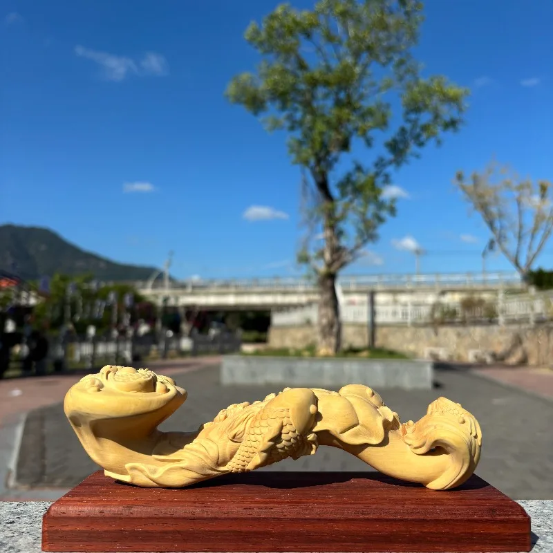 

Hand-Carved Boxwood Fish & Ruyi Sculpture - 7.9"x2"x2.8" Wooden Figurine, Home Decor, Lucky Charm, Prosperity Ornament