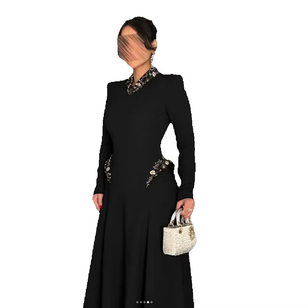 Customized Black Long Sleeve Beaded High Neck A-Line Maxi Evening Dress Women  Luxury Formal Prom Wedding Guest Gown view 2