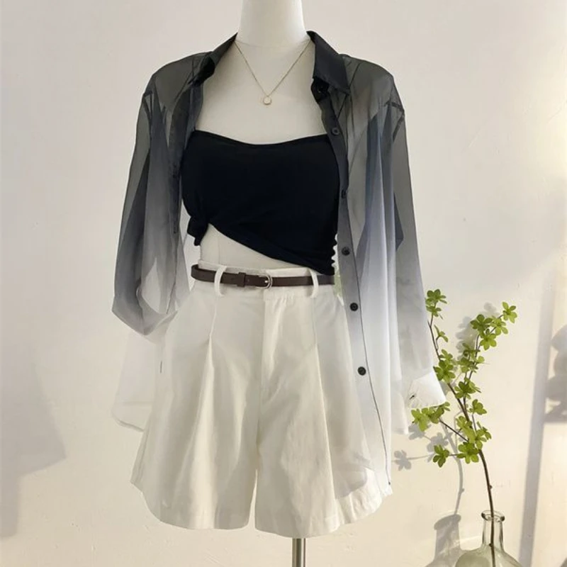 Lazy Style Perspective Loose Fashion Shirt Tops Summer Polo Neck Long Sleeve Gradient Trend Blouse Korean Casual Women Clothing
