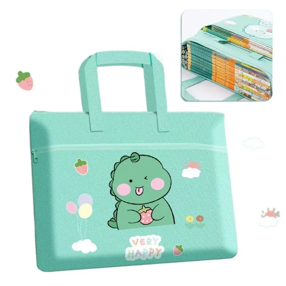 Cute Double Layer Cartoon File Bag Zipper Cartoon File Bag Canvas Large Capacity Student Tote Learning Supplies