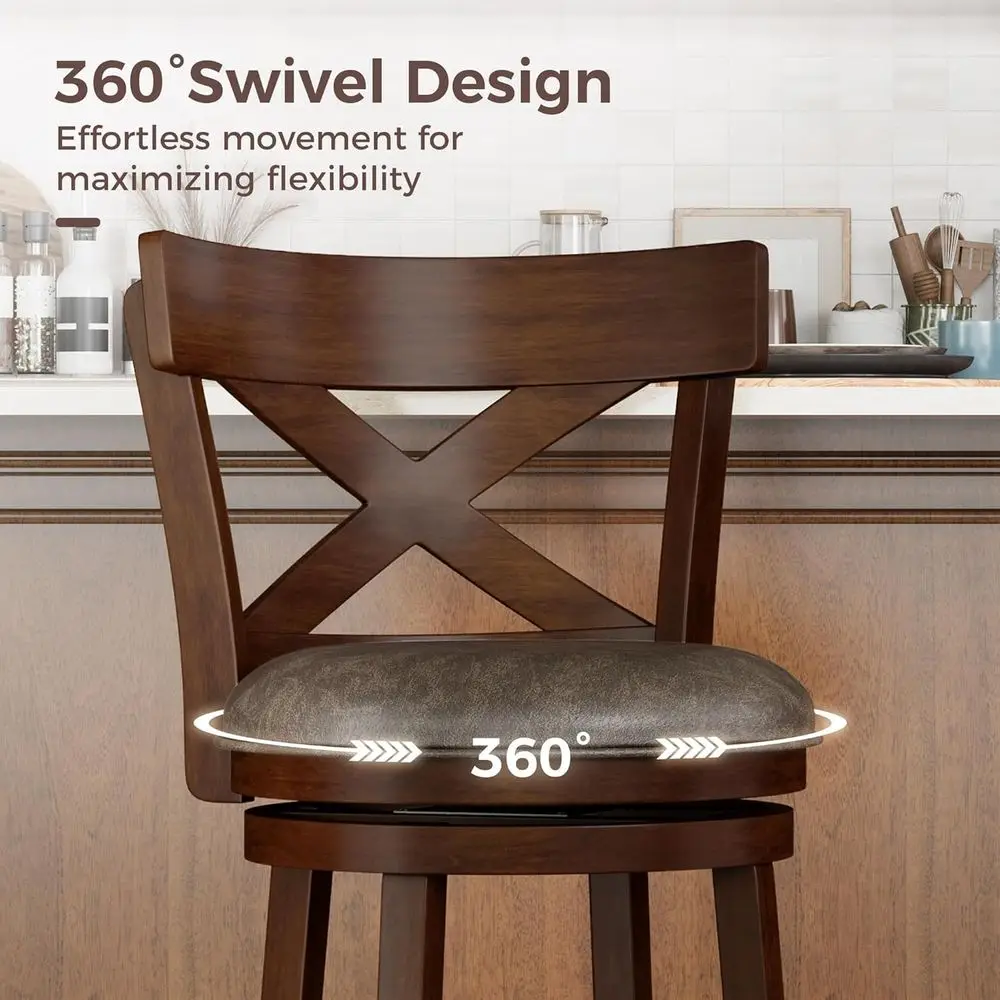 Lot de 2, 30 tabourets de bar pivotants avec dossiers, sièges en similicuir, cadre en bois, pour îlot de cuisine ou pub, finition noyer