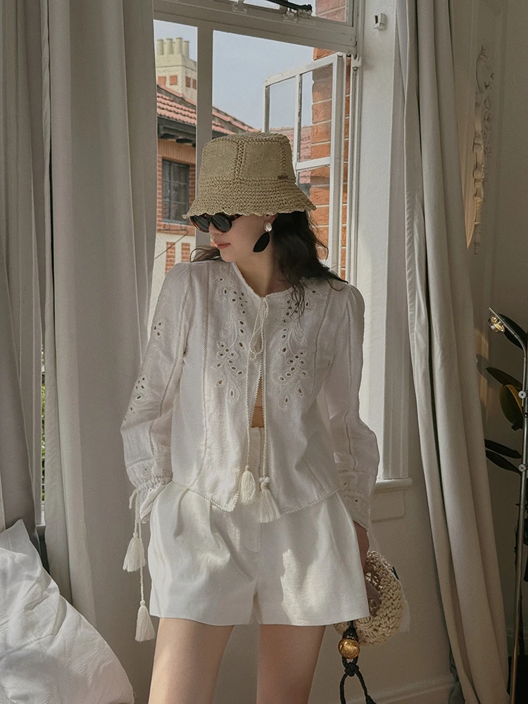 

Romantic Handmade Lace Tassel Pendant Linen irt Romantic Vintage Heavy Crtsmanip Long Sve round Ne Regular Fit Summer