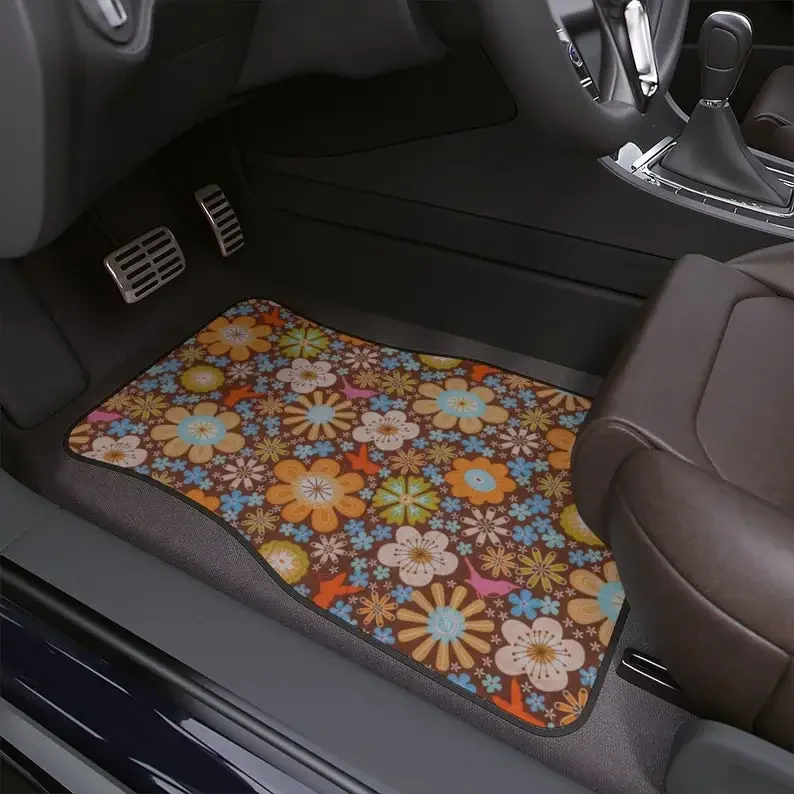 Boho Car Floor Mats, Aesthetic Flower Retro Groovy Car Floor Mats, Y2K Car Accessories