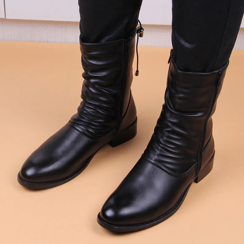 Korean style mens leisure stage night club motorcycle boots black soft leather shoes autumn winter boot handsome short botas man