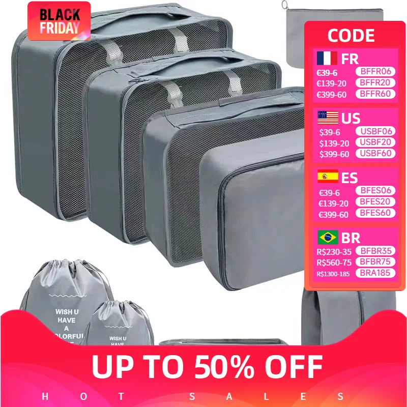 

7Pcs Suitcase Packing Cubes Travel Organizer Storage Bags Cases Portable Luggage Clothes Shoe Tidy Pouch Fold