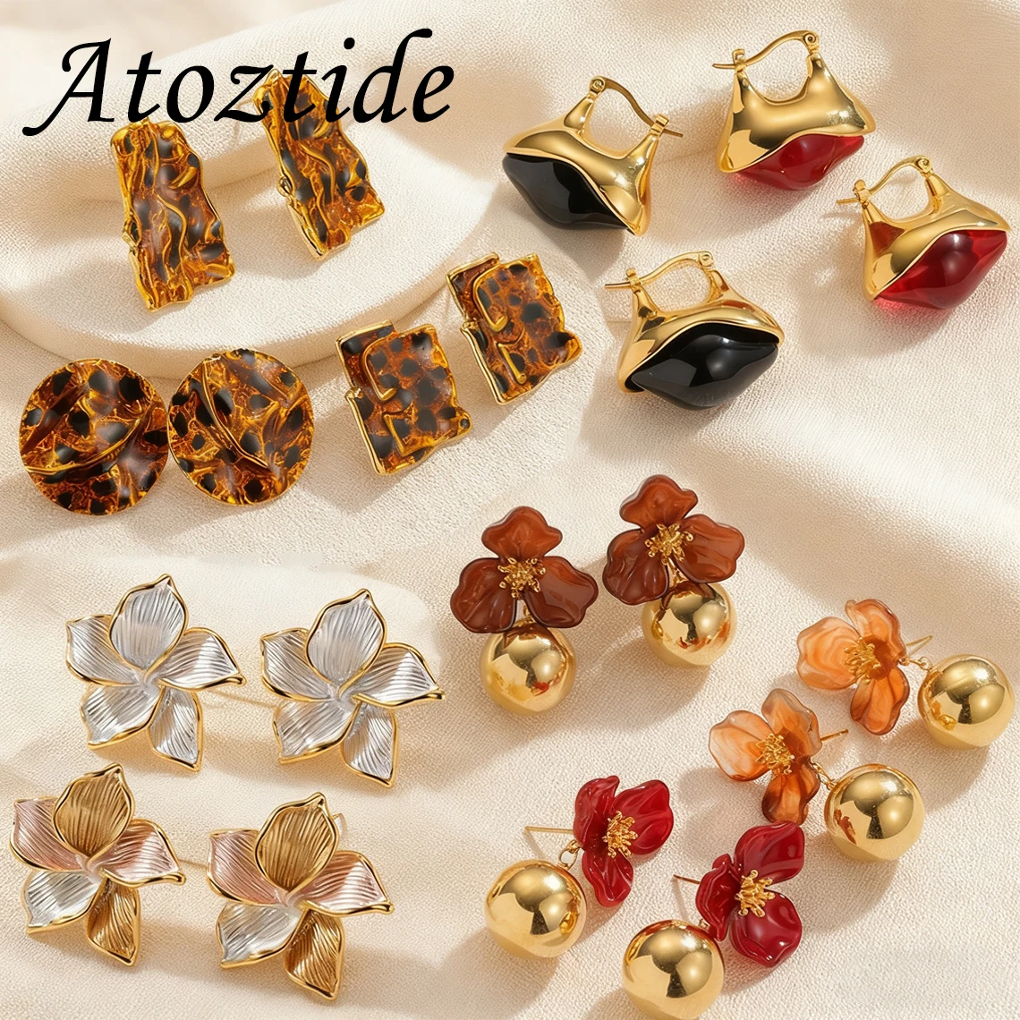 Atoztide New Romantic Vintage Flower Zircon Earring for Women Stainless Steel Retro Leopard Print Earring Christmas Jewelry Gift