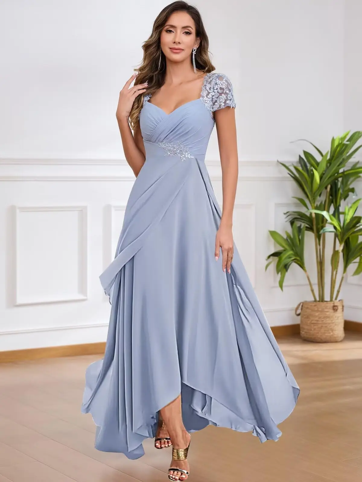 

Chiffon Tea Length Mother of The Bride Dresses for Women A Line V Neck Lace Formal Evening Dress with Sleeves