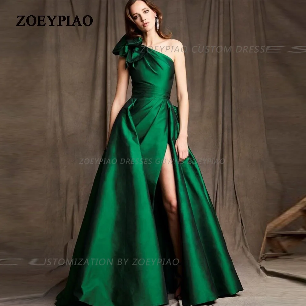 Vestidos de Noche formales de satén verde Vintage para mujer, Vestido largo de un hombro con abertura lateral, vestidos de graduación para mujer Arabia Saudita