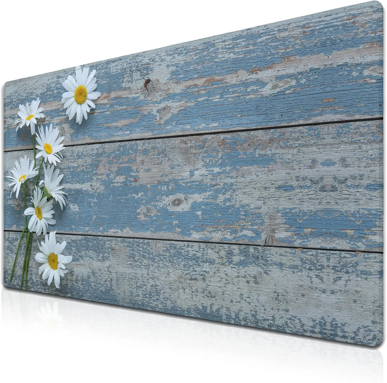 White Daisy Large Gaming Mouse Pad,Daisies Distressed Blue Rustic Wooden Board Art Pattern, Non‑Slip Mat For PC Laptop Home Desk