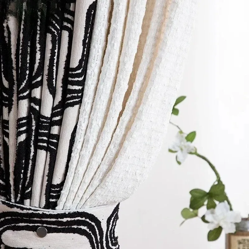 Black and White Flocking Thickened Jacquard Chenille Curtains for Living Room Bedroom French Window Balcony Window Customized