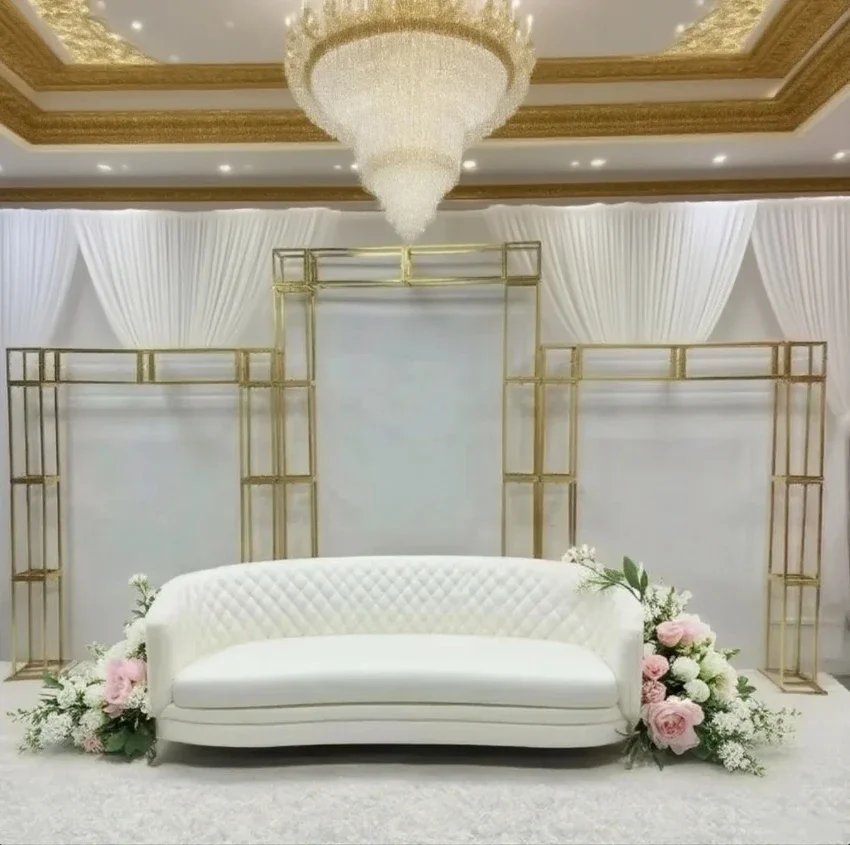 

Блестящие золотые квадратные стойки, уличная свадебная арка, железная полка, прочный фон для вечеринки, сцены, события, цветочный декор