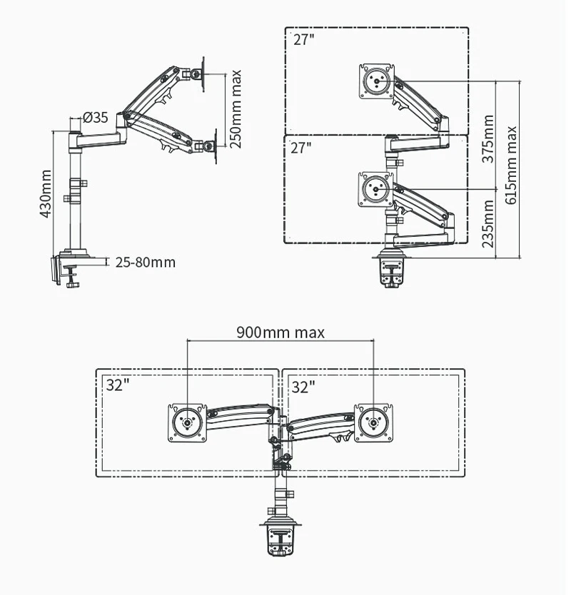 NB H180 FP-2 17'-27' LCD TV Monitor Desk Holder +10'-17' Laptop Notebook Mount Gas Spring Full Motion 2-12kg Dual Arm Clamp Hole