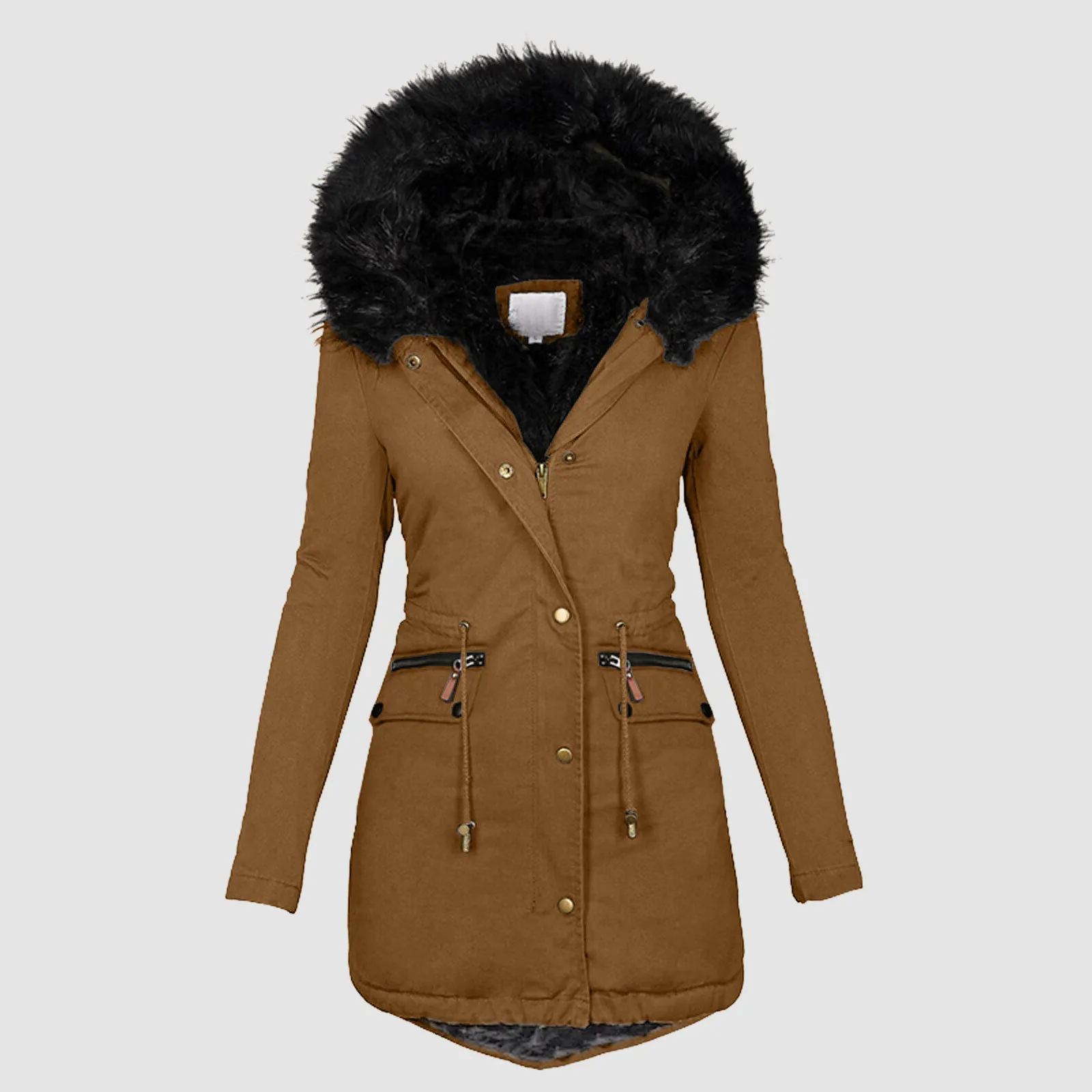 Daily Plus Size Winter Thicken Warm Padded Coat Women Hooded Long Sleeve Vintage Padded Jacket Big Fur Collar Drawstring Coats