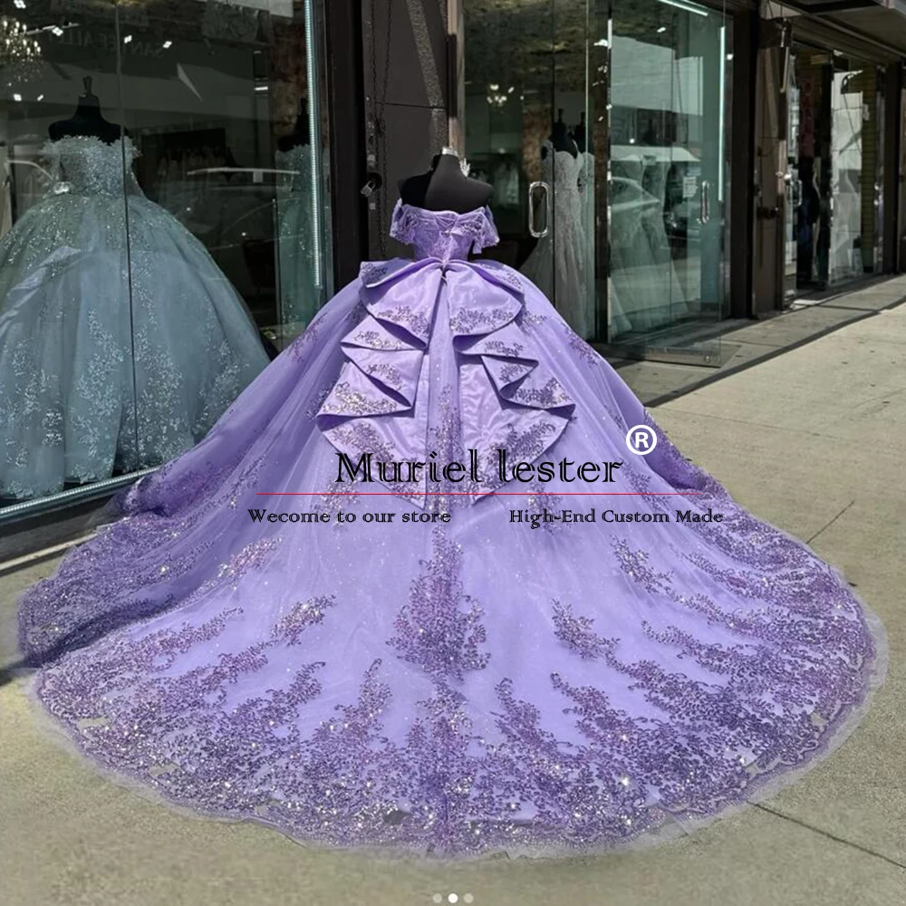 Mexican Princess Quinceanera Dress Ball Gown Corset Sweet 16 Purple Dress Shiny Lace Applique Beading Tiered Vestidos De 15 Años