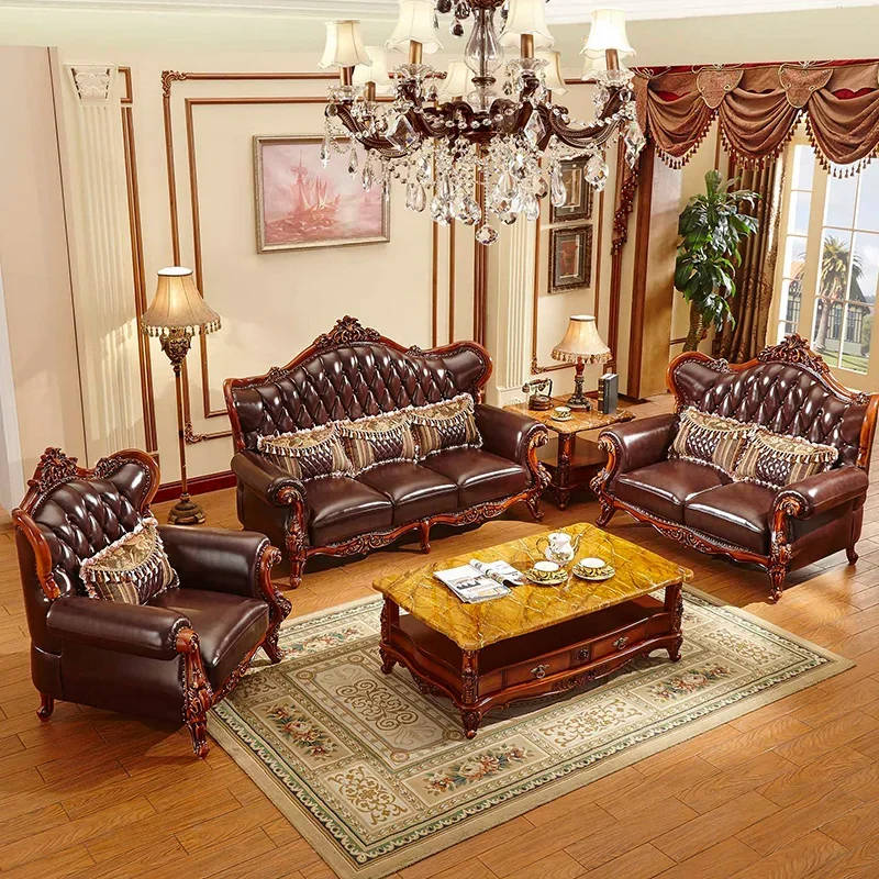 

European American Style 123 Free Combination Sofa With Top Layer Leather All Solid Wood Frame for Home Living Room Villa