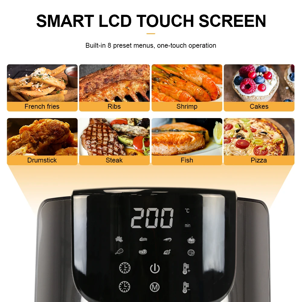 ELPIS 5 ลิตร Air Fryer LED Touchscreen Smart Airfryer เตาอบปลอดน้ำมันสแตนเลสหม้อทอดไฟฟ้าครัวทำอาหารเครื่องใช้