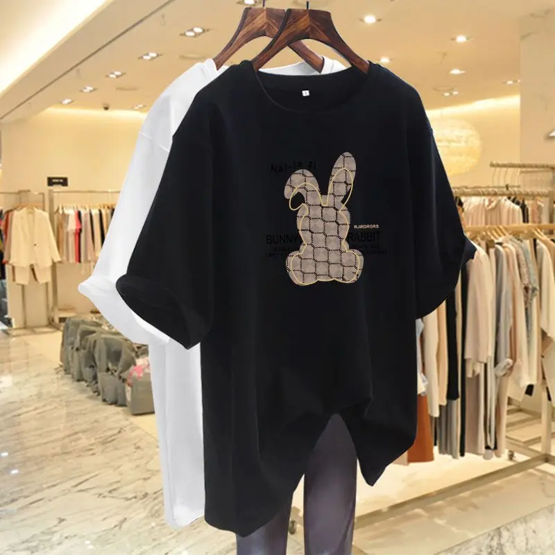 Women Clothing Printed Cartoon T-shirt Summer Plus Size Top Short Sleeve Causal Basic All Cotton Tees Pullovers