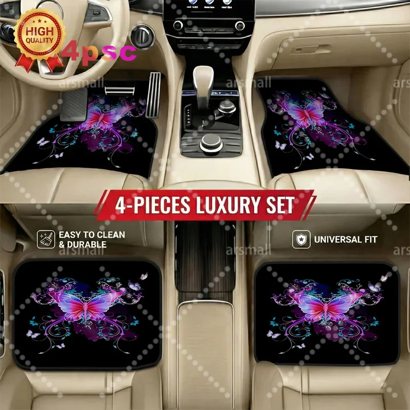 Set Of 4 Distinctive Butterfly Design Car Floor Mats, Perfect Present For Automotive Enthusiasts, Universal Compatibility, Long-