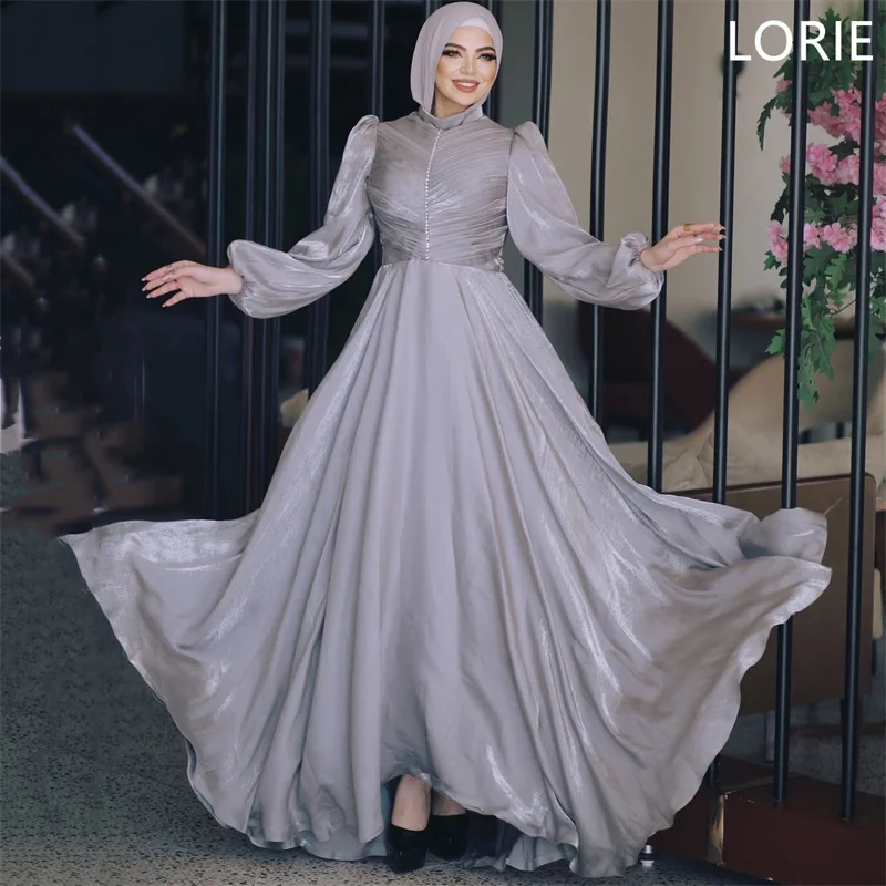 

LORIE Blue A-line Bull Horn Should Evening Dresses vestidos de fiesta Long Puff Sleeves Prom Gowns Gauze فساتين سهرة Customized