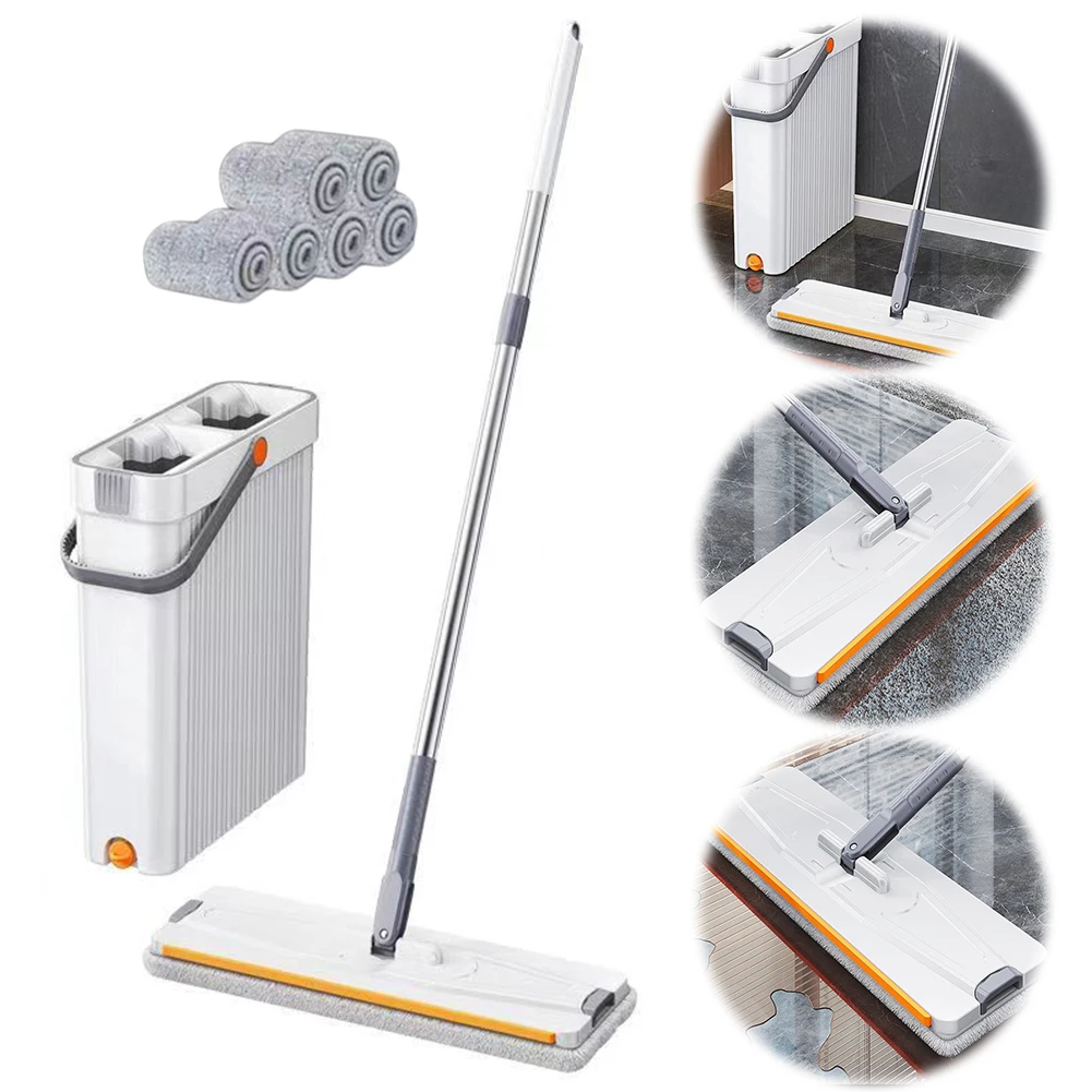 Floor Flat Squeeze Mop with Bucket with Washable 6 Microfiber Pads Hand Free Lazy Cleaning Mop 360 Rotating Self-Wringing Mop