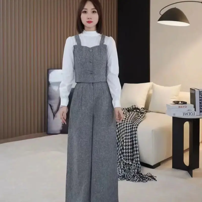 Fashion Suit for Women in Spring and Autumn High-end Gray Casual Top Age Reducing Wide Leg Pants Two-piece Set