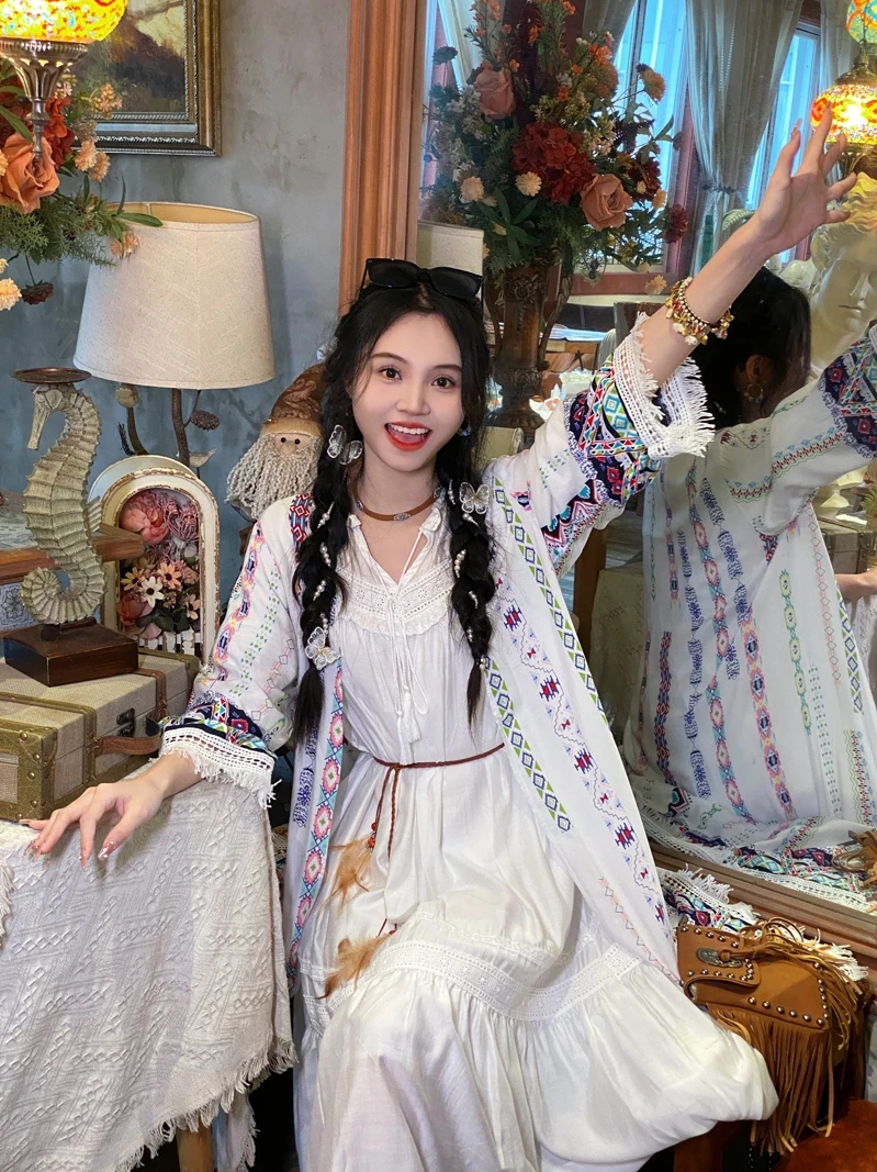 

Bohemian Vintage Print Long Open Cardigan Outerwear Loose Travel Outfit Casual Summer Top Women's Sweet Style Seven Sleeve