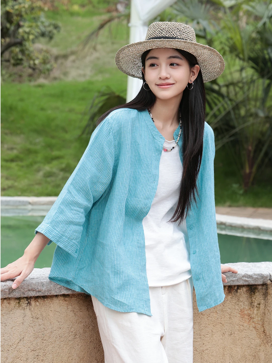 

Casual Han Han Shirt Women's Spring Lightweight Stripe Stand Collar Slimming Long Sleeve Casual Style Loose Fit No Pocket