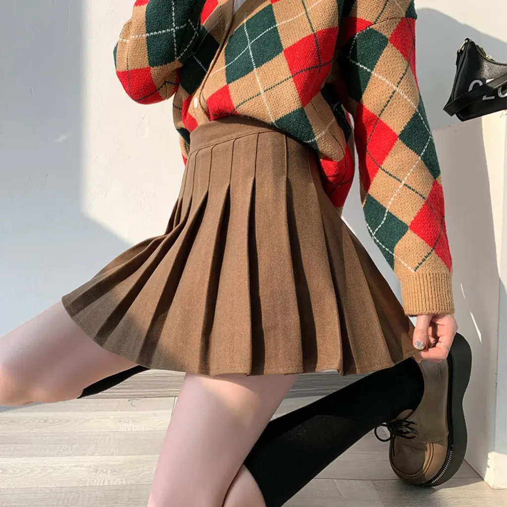 

Women's High-Waist Woolen Pleated Skirt Slim Preppy Style A-Line Short Skirt for Autumn And Winter Wholesale