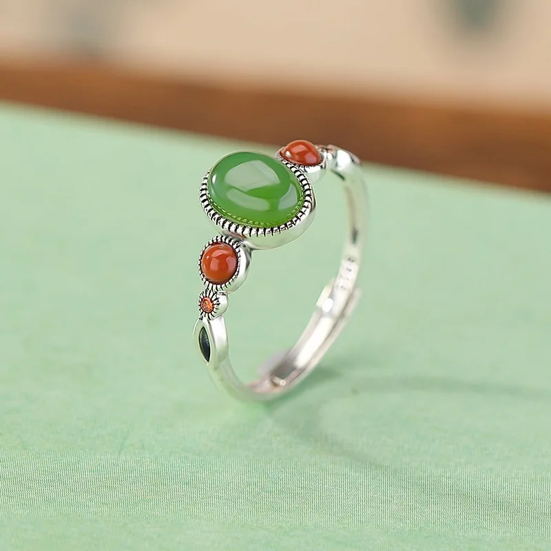 

TIMESWIND S925 Silver Green Hetian Jade Red Agate Oval-shaped Women Open Ring with Certificate