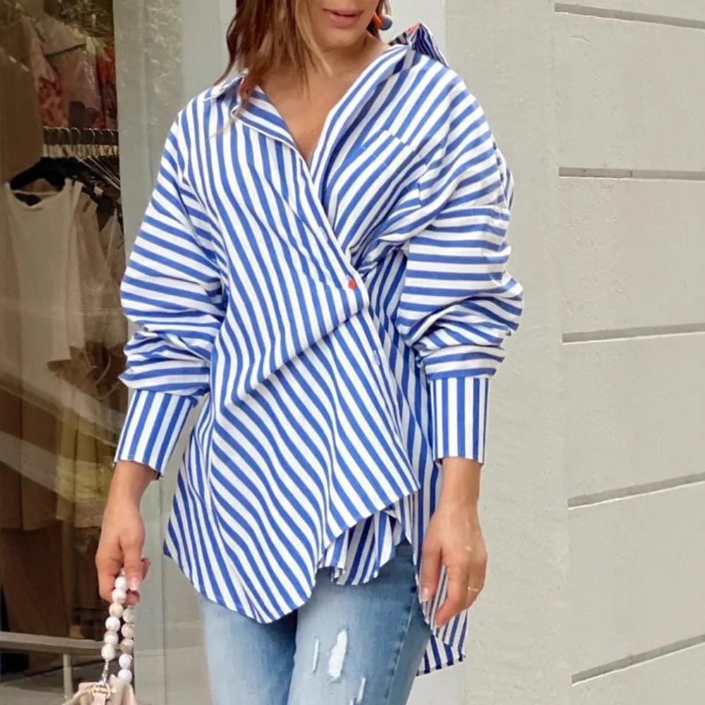 

Women Spring Autumn Shirt Striped Collor V Neck Asymmetry Long Sleeve Button Casual Fashion Comfortable Regular Standard Fit