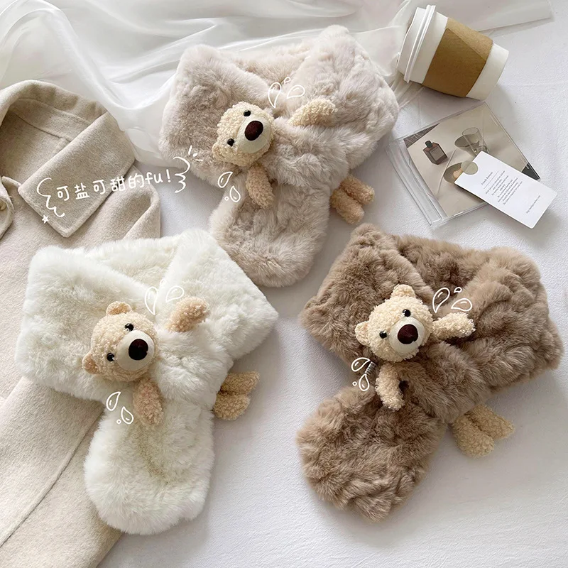 Kids Neck Warmer Cute Bear Plush Soft Faux Fur Adjustable Lightweight Winter Cross Scarf for Girls Toddler Daily Gift