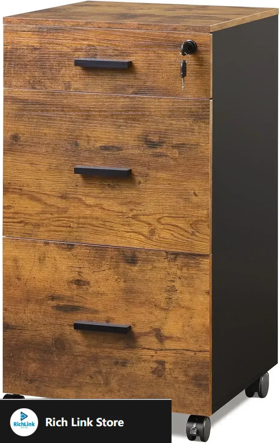 

3 Drawer Rolling File Cabinet with Lock, Wood Filing Cabinet fits Letter / A4 Size for Home Office, Rustic Brown