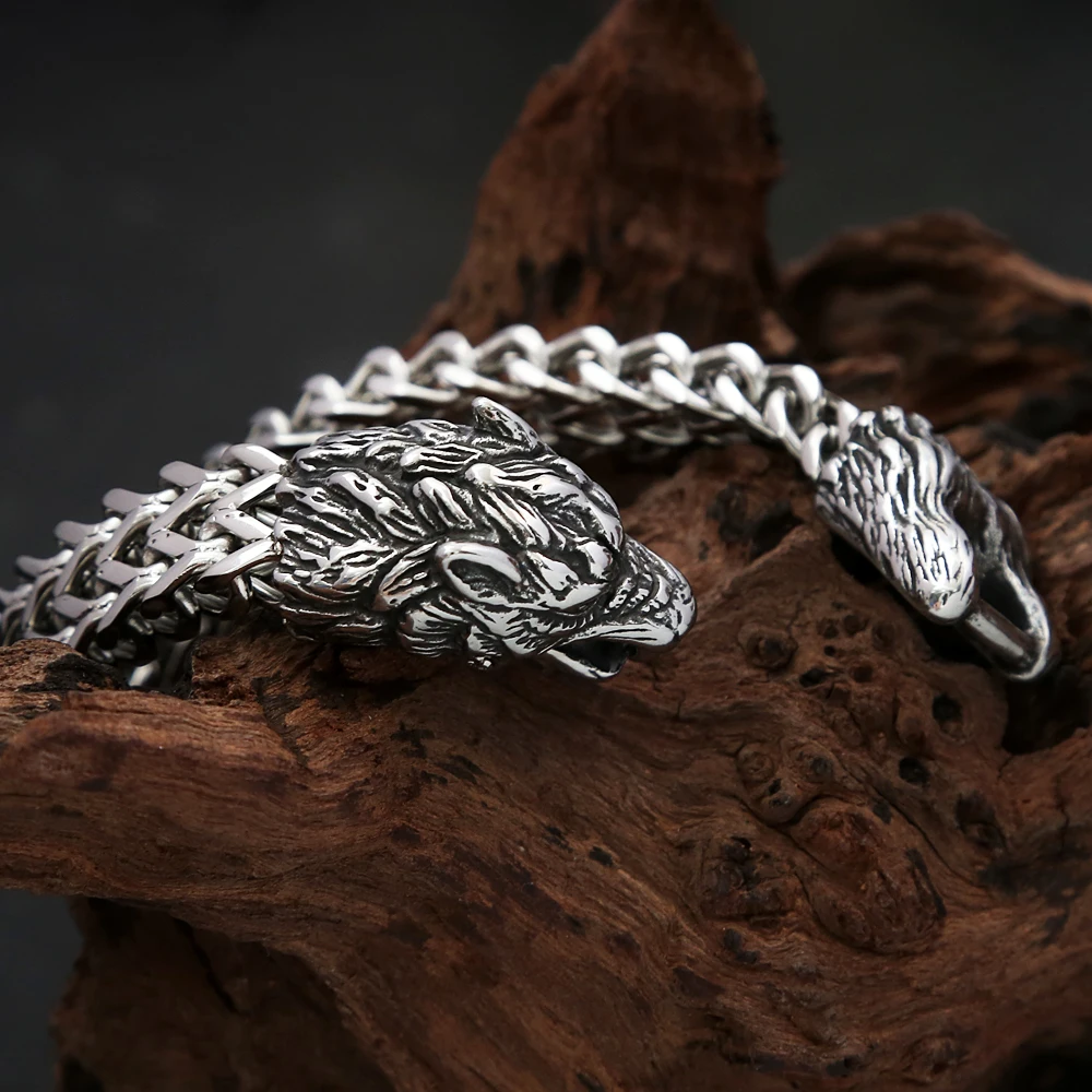Punk Vintage Viking Wolf Head Bracelet Stainless Steel Men\'s Animal Wristband Charm Trendy Mesh Chain Bangles Fashion Jewelry