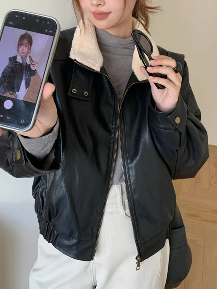 YERMORA 여성용 블랙 PU 가죽 캐주얼 재킷 여성용 라펠 긴 소매 루즈핏 신상 코트 패션 트렌드 가을 겨울 2025